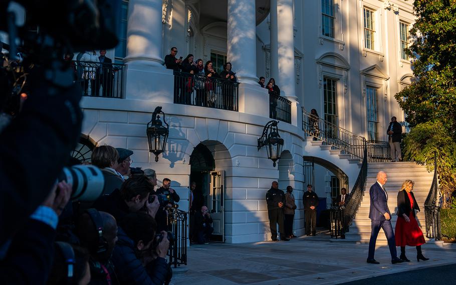 President Biden and Jill Biden make their way to board Marine One on Nov. 21, 2022. 
