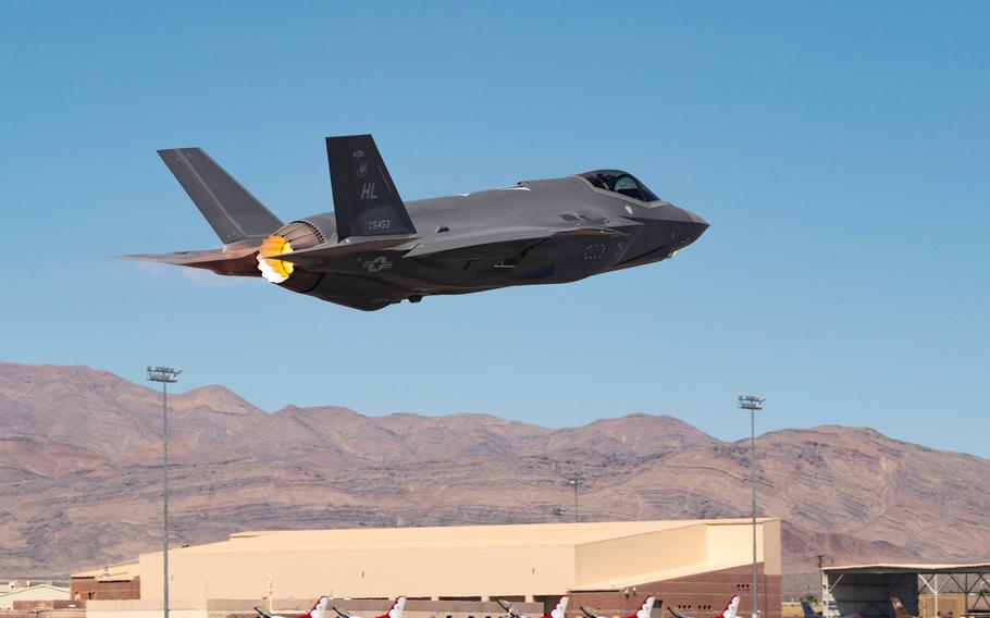 An F-35A Lightning II takes off to complete the final test exercise of the nuclear design certification process at Nellis Air Force Base, Nev., Sept. 21, 2021.