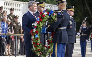 Secretary of the Army Dan Driscoll, left, Army Chief of Staff Gen. Randy George, Sgt. Maj. of the Army Michael Weimer, and Maj. Gen. Trevor Bredenkamp, commanding general of the Joint Task ForceÐNational Capital Region, lay a wreath at the Tomb of the Unknown Soldier on Saturday, June 14, 2025, in Arlington, Va., during an Army Full Honor Wreath Ceremony marking the U.S. ArmyÕs 250th birthday. (Eric Kayne/Stars and Stripes)