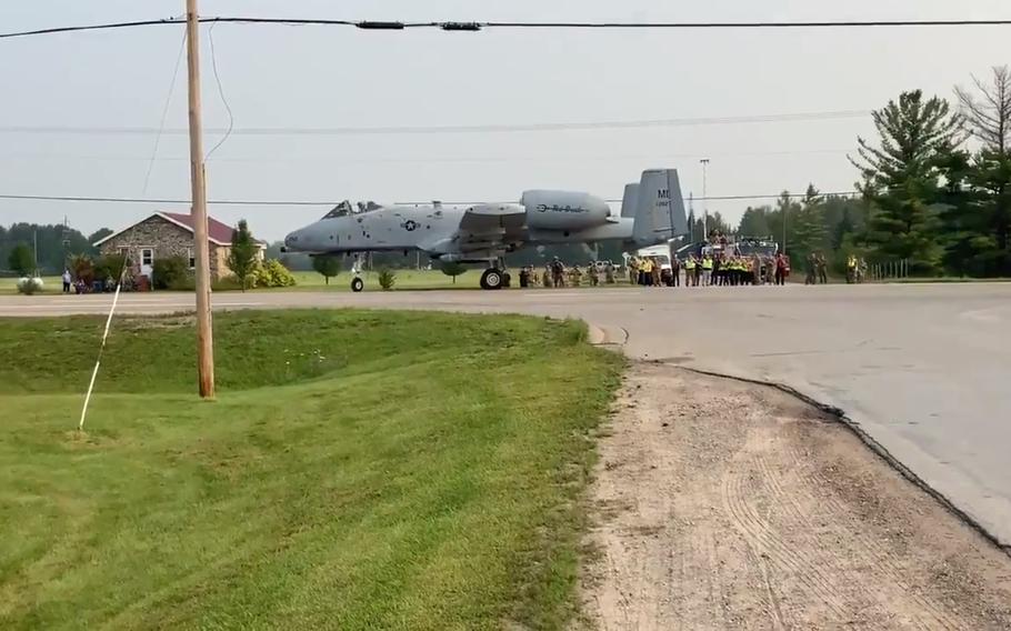 A-10 Thunderbolt II attack jets took off and landed on a closed section of the civilian highway M-32 west of the town of Alpena, Mich., on Thursday, Aug. 5, 2021, in a training exercise National Guard officials labeled a first for Air Force combat pilots in the United States.