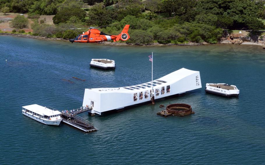 Crewmembers from Coast Guard Air Station Barbers Point conduct an overflight of Oahu, April 17, 2015. Supporting the 14th Coast Guard District, a team returned recently from a mission supporting Typhoon Mawar relief efforts on Guam and the Northern Mariana Islands.