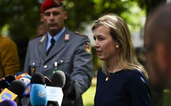 German lawmaker Siemtje Moeller speaks to members of the press during the Ukraine Defense Contact Group meeting Sept. 19, 2023, at Ramstein Air Base in Germany. Moeller is attending the talks in place of Defense Minister Boris Pistorius, who announced he is ill with the coronavirus.