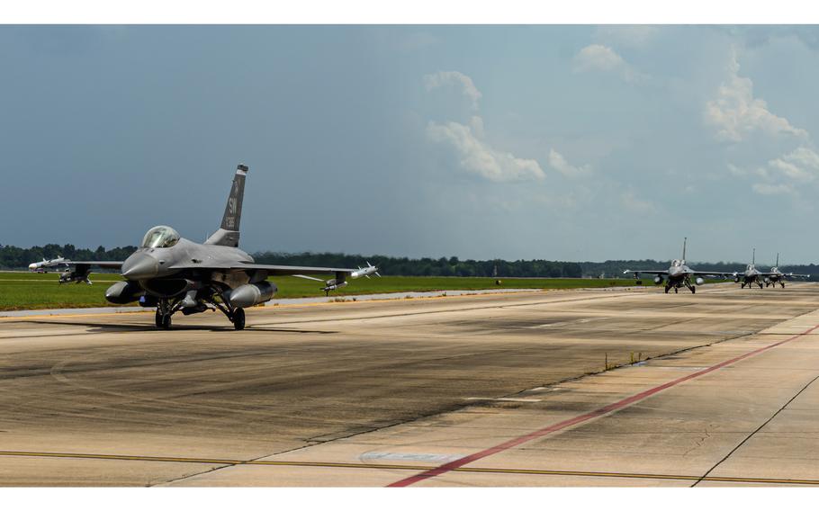 U.S. Air Force F-16 Vipers taxi down the runway at Shaw Air Force Base, S.C., June 9, 2021. 
