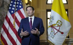 Secretary of State Marco Rubio, speaks to the media during a meeting with President of the Conference of Italian Bishops, Cardinal Matteo Zuppi at the U.S. Embassy to the Holy See in Rome, Saturday, May 17, 2025. (AP Photo/Gregorio Borgia)