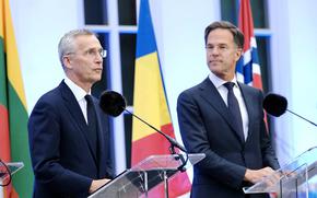 NATO Secretary-General Jens Stoltenberg, left, and Dutch Prime Minister Mark Rutte appear at a news conference in The Hague, Netherlands, in June 2023. Rutte has emerged as the front-runner to replace Stoltenberg after winning endorsements from the United States and Germany.