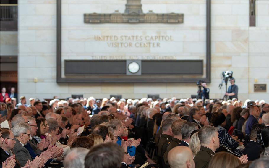 Hundreds of people attend a Congressional Gold Medal ceremony at the U.S. Capitol in Washington, D.C., on March 21, 2024, to honor members of the World War II Ghost Army.