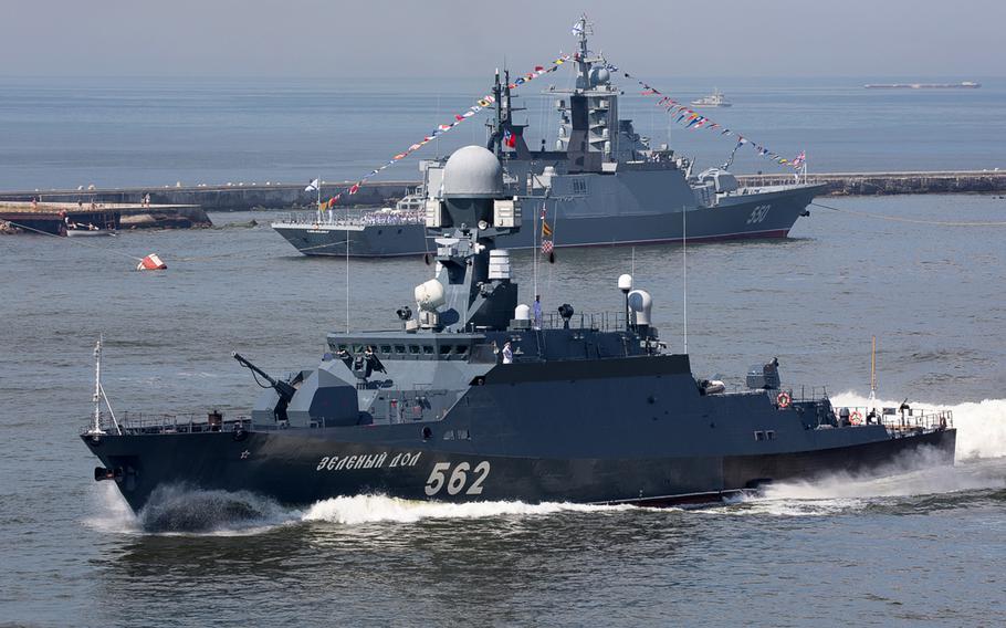 The Russian small missile ship Zelenyy Dol, foreground, and the corvette Steregushchiy, during Baltic Fleet Navy Day celebrations at Baltiysk in the Kaliningrad region of Russia, in an undated photo. Naval analysts say the U.S. and its partners need more smaller warships to deter Russia effectively in the Baltic and Black seas. 
