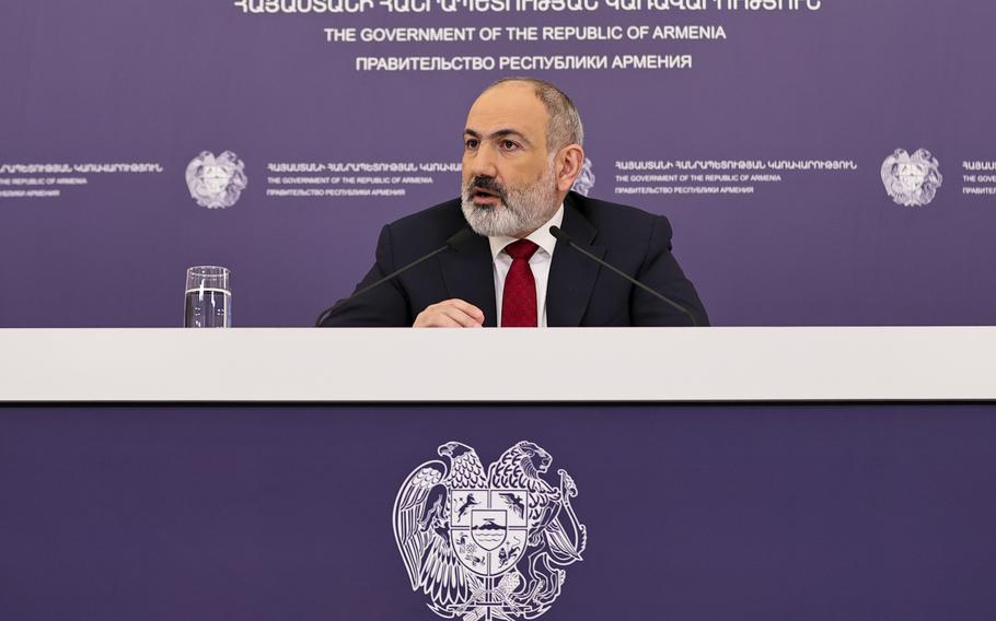 Armenian Prime Minister Nikol Pashinyan speaks during a news conference in Yerevan, Armenia, Tuesday, March 14, 2023. Pashinyan has accused the Moscow-dominated security alliance of leaving his country in the cold in the face of a threat of renewed hostilities with neighboring Azerbaijan.