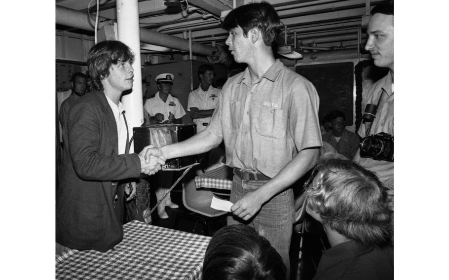Actor Mark Hamill visits the USS Hammond at Yokosuka Naval Base, Japan, in June 1978.
