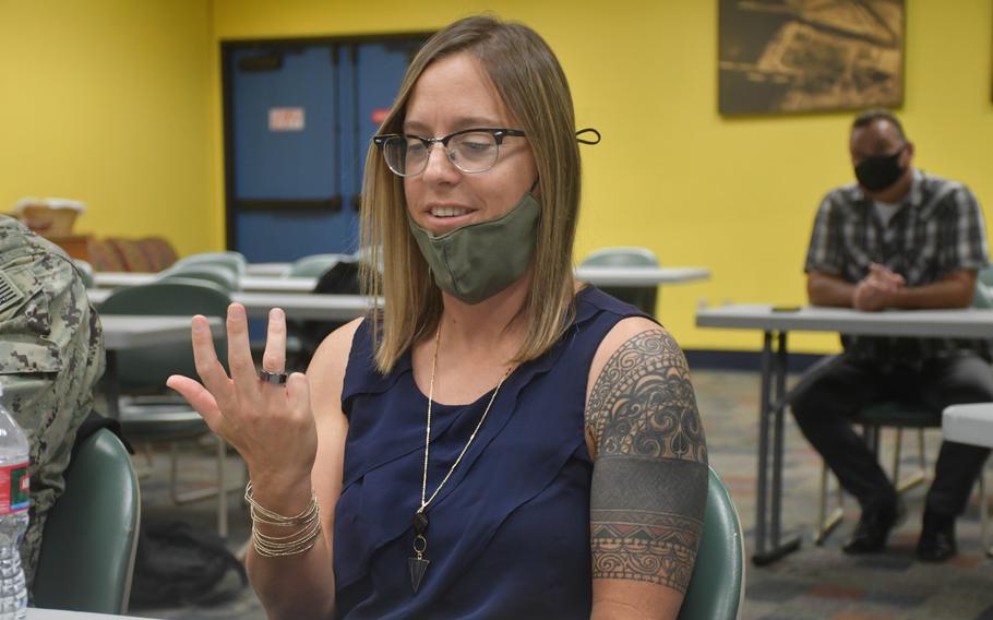 Rachel Markwald, a sleep and human performance research physiologist for the Naval Health Research Center in San Diego, on Tuesday, Aug. 17, 2021, wears a smart ring used to assess sailor fatigue.