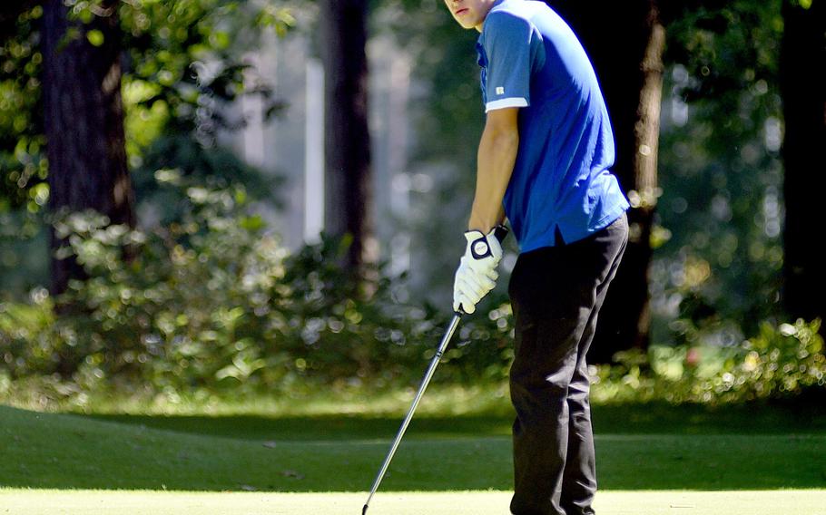 Ramstein's Niko Brown puts during a travel-team qualifier on Sept. 7, 2023, at Woodlawn Golf Course on Ramstein Air Base, Germany.