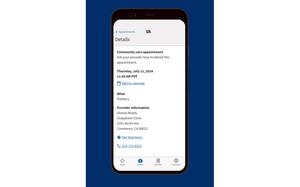 A smartphone displays appointment information in an app against a blue background.