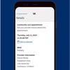 A smartphone displays appointment information in an app against a blue background.