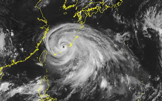 Typhoon Khunan churns near Okinawa on Wednesday, Aug. 2, 2023, in this satellite image from the Japan Meteorological Agency. 