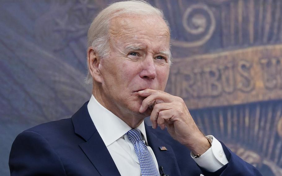 President Joe Biden listens during a meeting with CEOs about the economy in the South Court Auditorium on the White House complex in Washington, Thursday, July 28, 2022. One month into his presidency, President Joe Biden made clear his distaste for even naming the man he had ousted from the Oval Office, declaring, “I’m tired of talking about Trump.” But now, Biden is eagerly naming and singling out the “former guy” in prepared remarks and on social media.