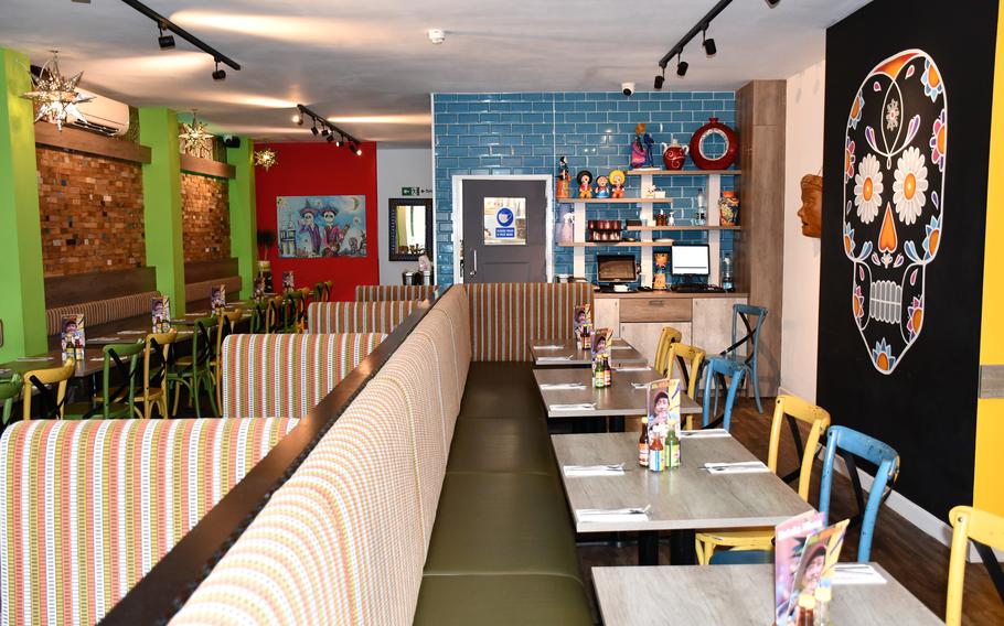 The colorful interior of El Guaca Mexican restaurant in Newmarket, England. The restaurant is about a 20-minute drive from RAF Mildenhall.