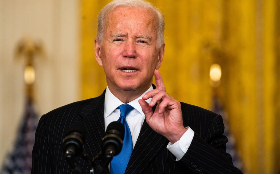 President Biden delivers remarks regarding the global transportation supply chain bottleneck in the East Room at the White House on Oct. 13.