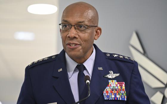 Air Force Chief of Staff Gen. CQ Brown, Jr. makes remarks before presenting the 2019 Koren Kolligian Jr. Trophy to Maj. Justin Sager during a ceremony at the Pentagon, Arlington, Va., Dec. 6, 2021. The trophy was awarded to Sager for safely landing a T-6 trainer aircraft that suffered a catastrophic engine failure during a student training flight. (U.S. Air Force photo by Eric Dietrich)