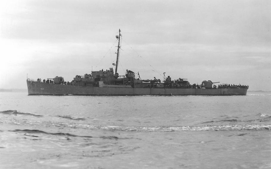 The U.S. Navy destroyer escort USS Samuel B. Roberts (DE-413) circa in June 1944, while off Boston, Massachusetts.