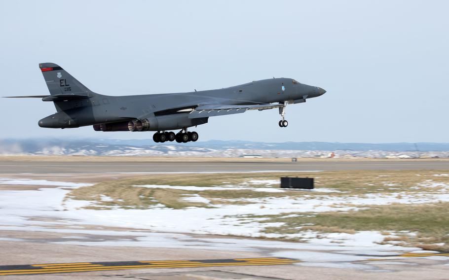 A B-1B Lancer takes off at Ellsworth Air Force Base, S.D., April 16, 2020. 