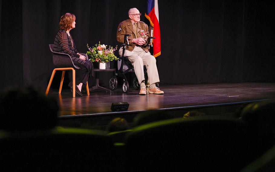 WIlliam “Bill” Kongable speaks during a presentation to students alongside moderator Fran Berg at the Dallas Holocaust and Human Rights Museum in downtown Dallas, Thursday, May 4, 2023.