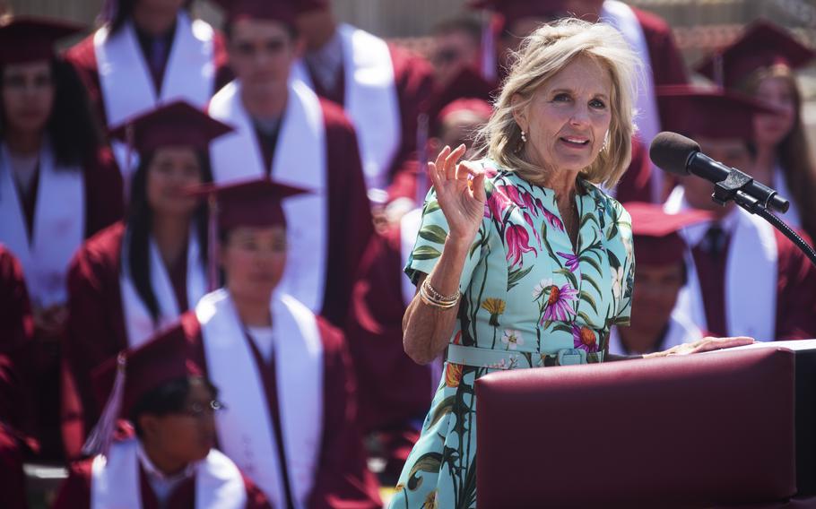 First Lady Jill Biden delivers the key note speech during the Matthew C. Perry High School graduation ceremony at Marine Corps Air Station Iwakuni on May, 21, 2023.