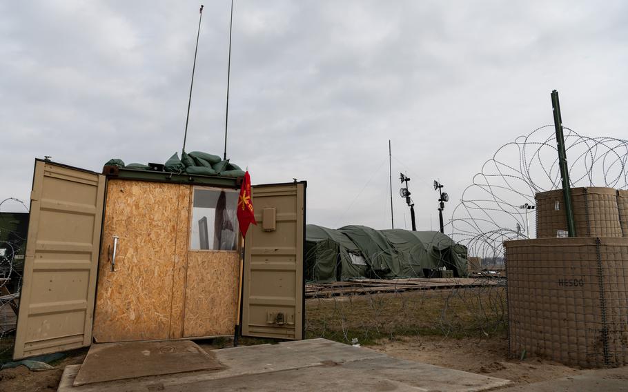 The entrance to Delta Battery’s Patriot missile site in southeastern Poland, March 7, 2023, was built after soldiers arrived at little more than a muddy field last year.