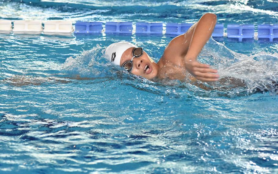 Kaiserslautern's Jason Dalope competes in a boys 1,500-meter freestyle heat at the European Forces Swim League Long Distance Championships on Sunday, Nov. 27, 2022, in Lignano Sabbiadoro, Italy.