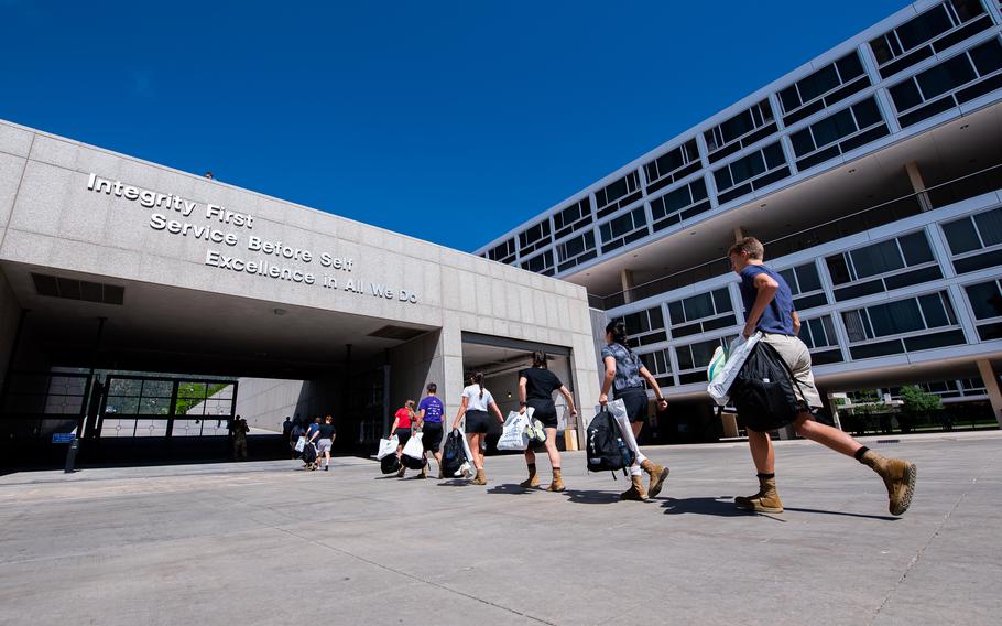 Basic cadets arrive for I Day at the Air Force Academy.