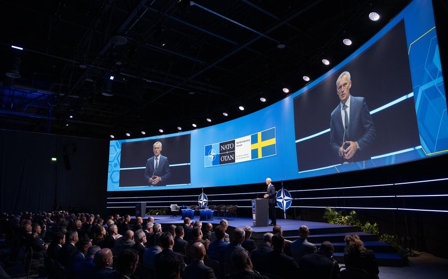 NATO Secretary-General Jens Stoltenberg participates in a forum in Stockholm, Sweden, Oct. 25, 2023.