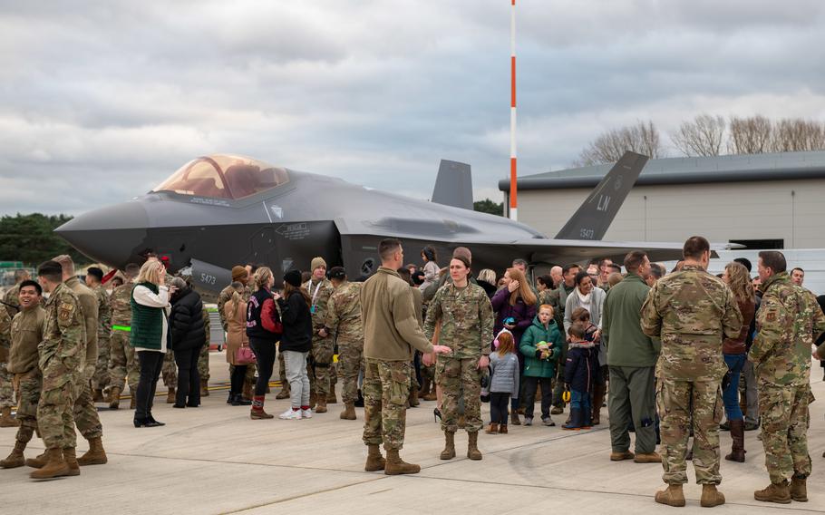 Liberty Wing community members welcome the F-35A Lightning II to the 48th Fighter Wing at RAF Lakenheath, England, on Dec. 15, 2021.