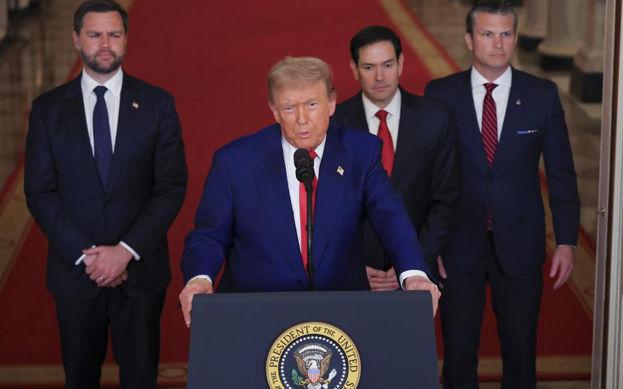 President Donald Trump speaks at a podium.