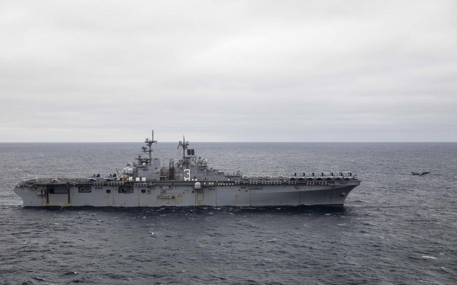 An AV-8B Harrier, attached to the 22nd Marine Expeditionary Unit, takes off from the flight deck of the Wasp-class amphibious assault ship USS Kearsarge during Northern Viking 22 (LHD 3), April 4, 2022.