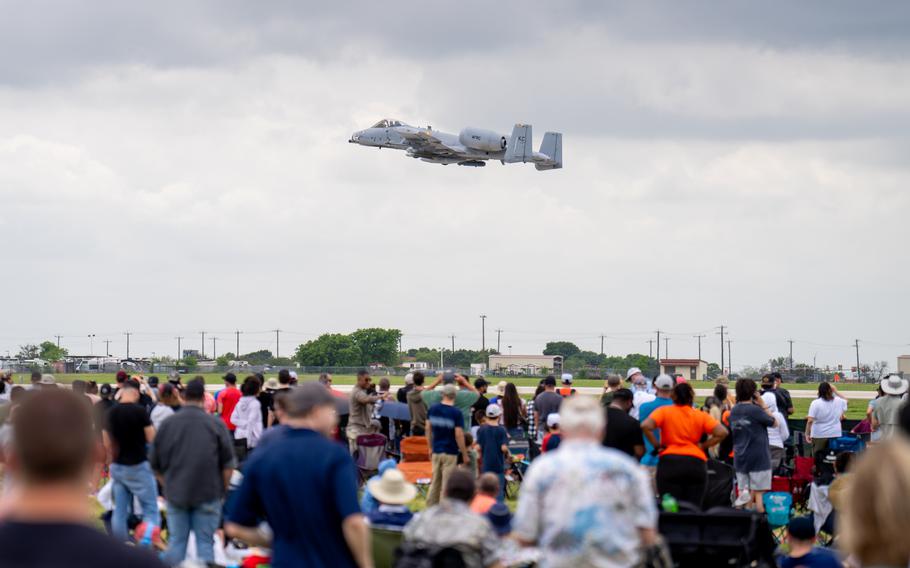 The A-10C Thunderbolt II performs close air support maneuvers during The Great Texas Airshow at Joint Base San Antonio-Randolph, Texas, Saturday, April 6, 2024. The A-10C Thunderbolt II is the first Air Force aircraft specially designed for close-air support of ground forces. 