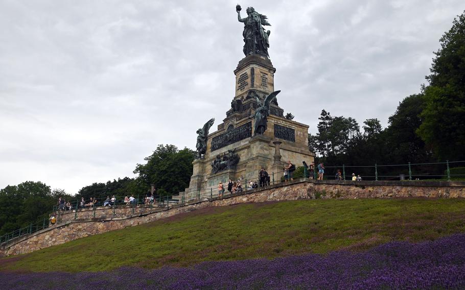 The 125-foot-tall Niederwald Monument towers above the Rhine River near Ruedesheim, Germany. It honors the German victory in the 1871 Franco-Prussian War and the unification of Germany under Kaiser Wilhelm I.