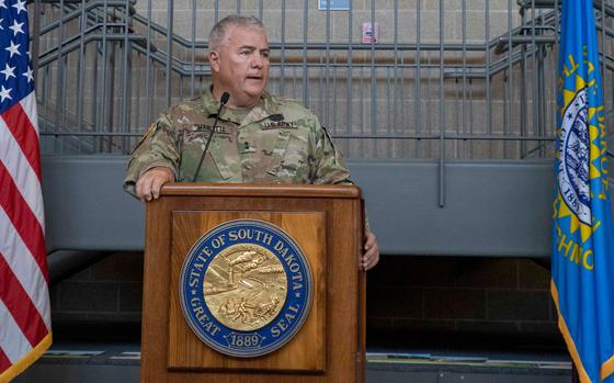 Maj. Gen. Jeff Marlette, the adjutant general of the South Dakota National Guard, speaks at a ceremony on July 6 on Camp Rapid.