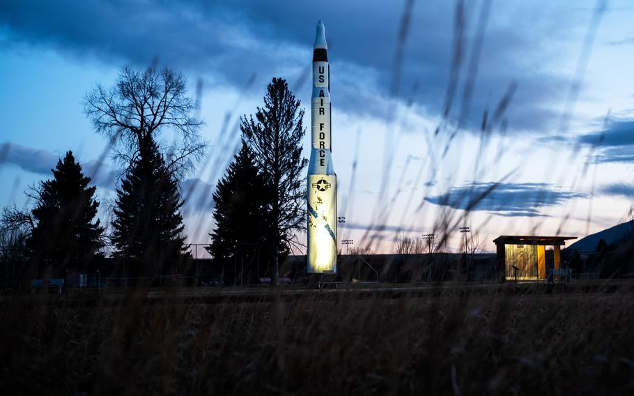 A deactivated Minuteman Missle stands on display in Lewistown, Mont., on April 8, 2022. 