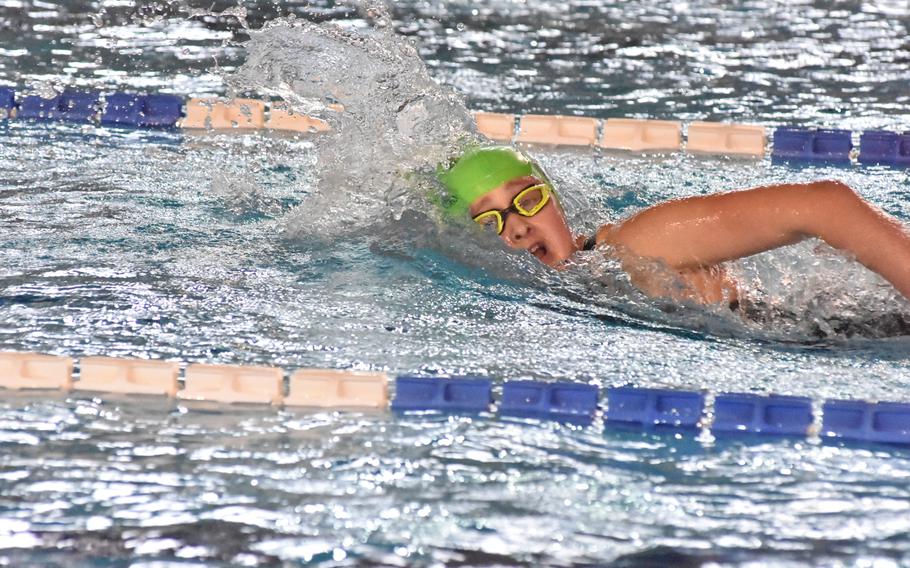 Shannon Buckley of the Naples Tiger Sharks creates her own waves while setting a new record for 15-16-year-olds in the girls 800-meter freestyle Saturday, Nov. 26, 2022, at the European Forces Swim League Long Distance Championships at Lignano Sabbiadoro, Italy.