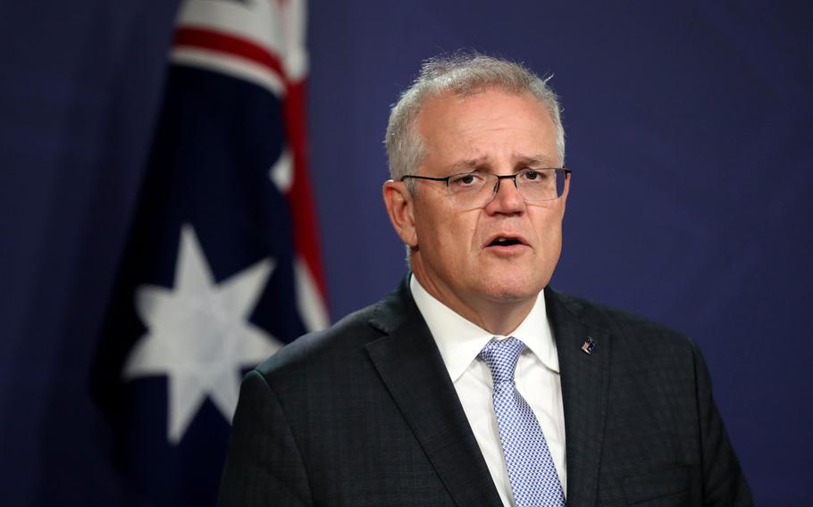 Australian Prime Minister Scott Morrison speaks during a news conference in Sydney on May 7, 2021. 