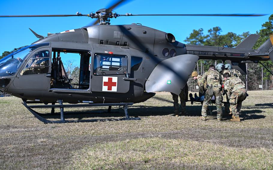 Air National Guard Security Forces members participate in a mass casualty role play exercise at PATRIOT 24 exercise at Combined Arms Collective Training Facility, Camp Shelby, Miss., Monday, Feb. 19, 2024. PATRIOT is a domestic operations disaster-response training exercise conducted by National Guard units working with federal, state and local emergency management agencies and first responders.