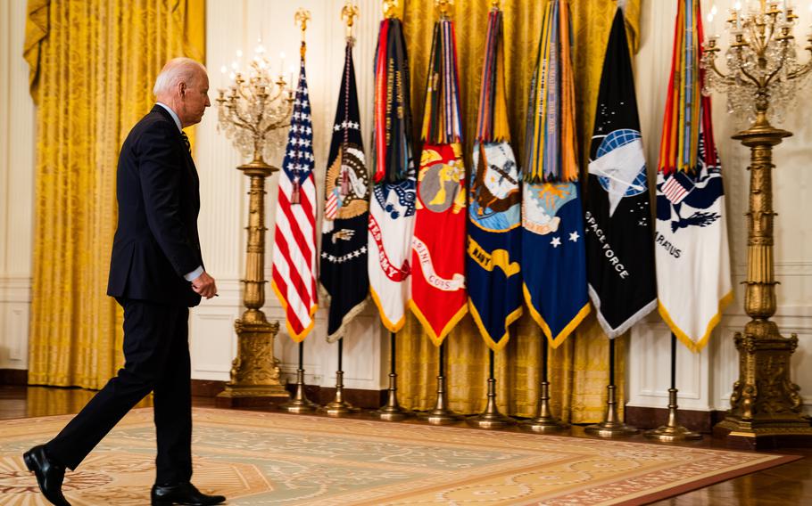 President Biden leaves the East Room after delivering remarks on the Afghanistan drawdown on July 8. 2021.