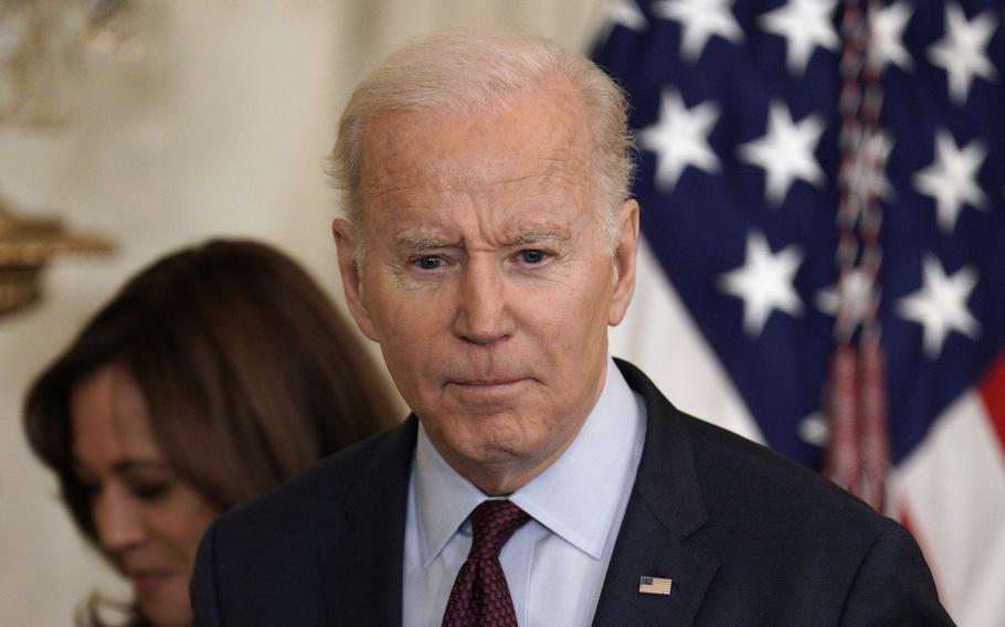 U.S. President Joe Biden, with Vice President Kamala Harris, at the White House in Washington, D.C., on Thursday, March 3, 2022.