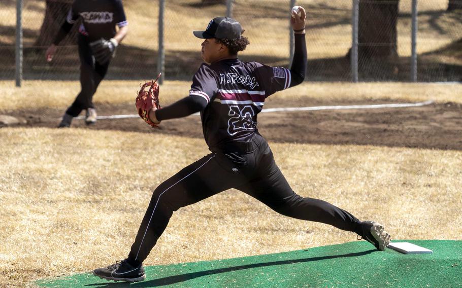 Zama's Toro McClendon delivers against Robert D. Edgren during Saturday's DODEA-Japan baseball game. The Trojans took all three games over the weekend against the Eagles.