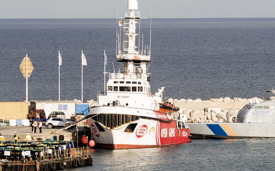 The Open Arms vessel carrying food aid to Gaza is seen docked in the Cypriot port of Larnaca on Saturday, March 9, 2024.