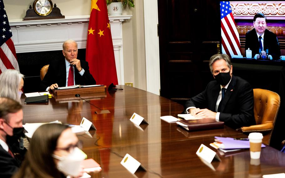 President Biden and Secretary of State Antony Blinken, right, during a virtual conversation with China’s President Xi Jinping at the White House in November 2021. 