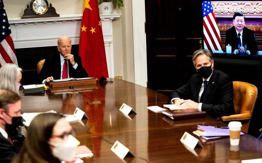 President Biden and Secretary of State Antony Blinken, right, during a virtual conversation with China’s President Xi Jinping at the White House in November 2021.