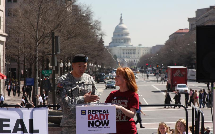 Comedienne Kathy Griffin and Army Lt. Dan Choi, an Arabic linguist kicked out of the service under the “don’t ask, don’t tell” law, speak at a Washington, D.C. rally Mar. 18, 2010, to repeal the military’s ban on openly gay servicemembers. 