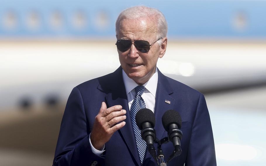 U.S. President Joe Biden, speaks during an arrival ceremony at Ben Gurion International Airport in Tel Aviv, Israel, on July 13, 2022. 