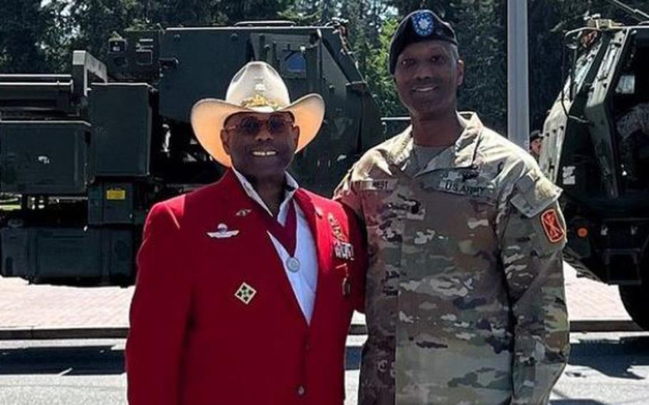 Army Lt. Col. Herman Bernard West III, right, who once commanded the 1st Battalion, 94th Field Artillery Regiment at Joint Base Lewis-McChord, Wash., will face court-martial charges for sexual harassment, the Army said Thursday, Jan. 4, 2023. West is a nephew of retired Army Lt. Col. Allen B. West, left, who served as a Republican congressman from Florida from 2011 until 2013 and later as chairman of the Texas Republican Party in 2020-2021.
