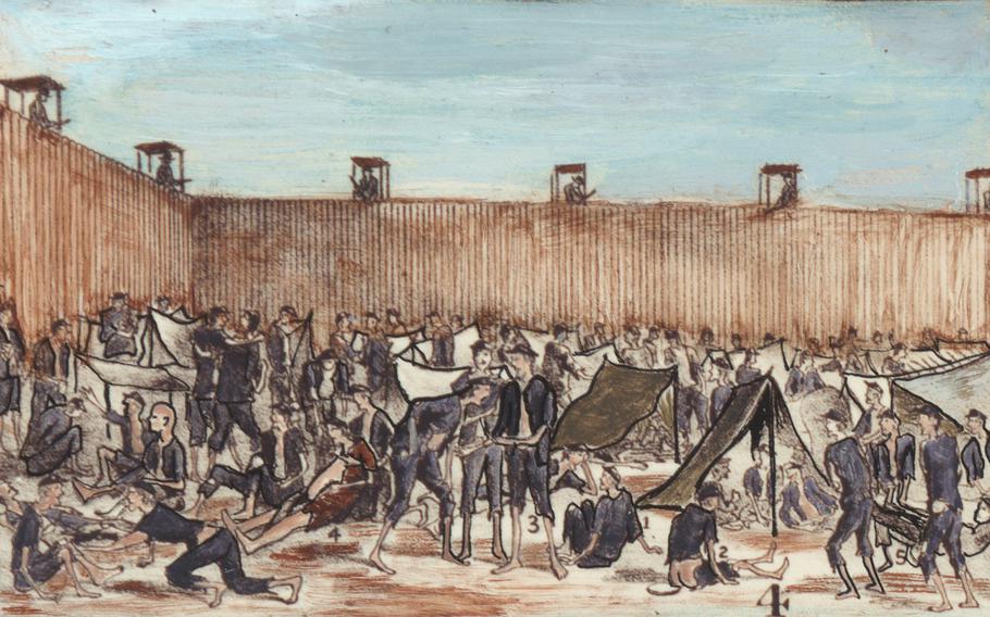 An illustration of figures by tents inside a walled facility.